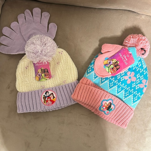 2 sets of Girls Disney Lined hats-Disney Princess Pink & Purple - Picture 1 of 17